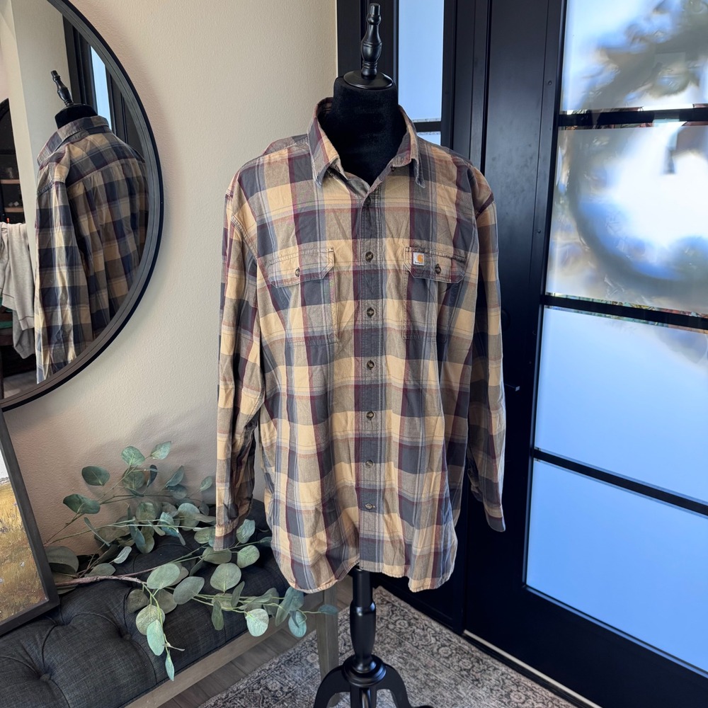 Carhartt Mens 3XL Tall Plaid Button Down Shirt Original Fit Long Sleeve Tan 0548